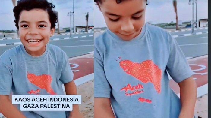 tangkapan layar video Seorang bocah di Gaza, Palestina mengenakan kaos bertuliskan Aceh serta fasih berbicara Bahasa Indonesia