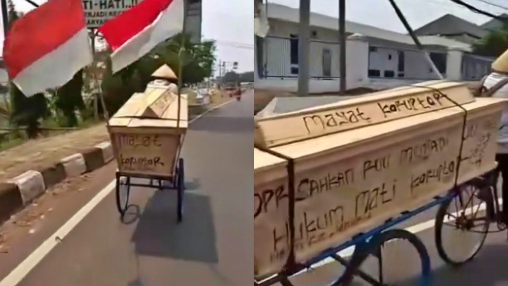 Tangkapan Layar Video seorang pria asal Magelang naik sepeda onthel dengan Peti mati