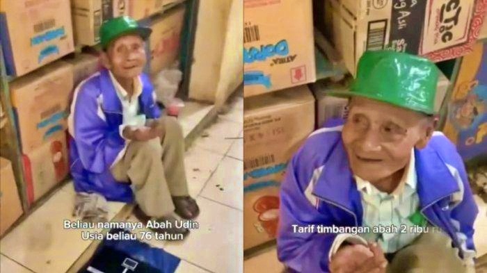 tangkapan layar video seorang kakek renta keliling tawarkan jasa timbang berat badan