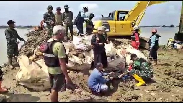 Tangkapan layar penyembelihan kambing kendit di area penambalan tanggul Sungai Wulan yang jebol dan akibatkan banjir