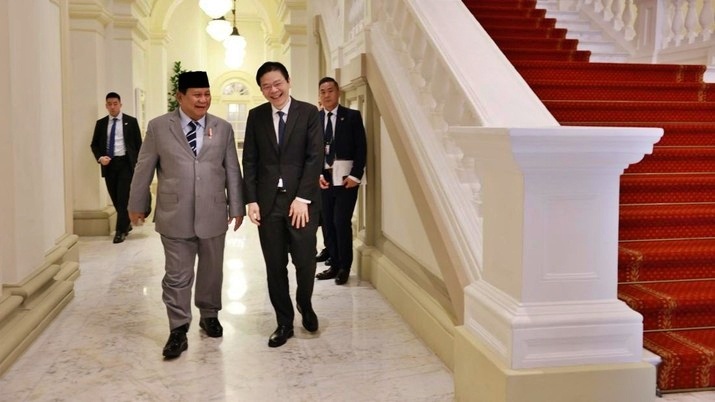 Prabowo Subianto bertemu Perdana Menteri Singapura yang baru Lawrence Wong di Istana, Singapura Sabtu (1/6). (Dok Kementerian Peratahanan)