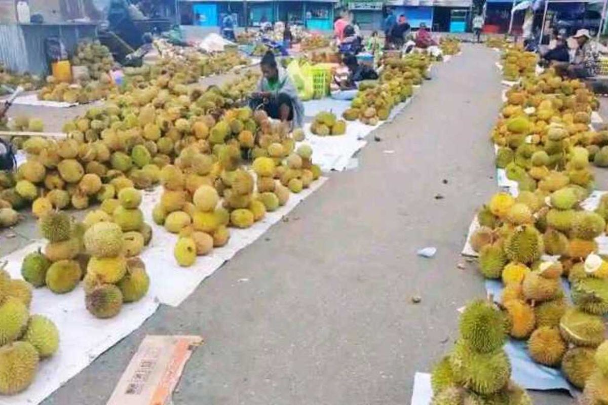 Pedagang saat menjual buah durian di Yapen