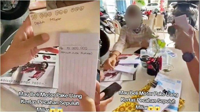 Tangkapan layar video viral ibu-ibu beli motor pakai kertas bertuliskan Rp 10 miliar di sebuah dealer motor