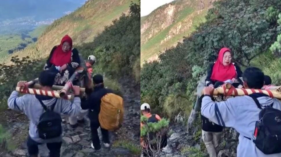 tangkapan layar video mbok yem ditandu turun gunung lawu
