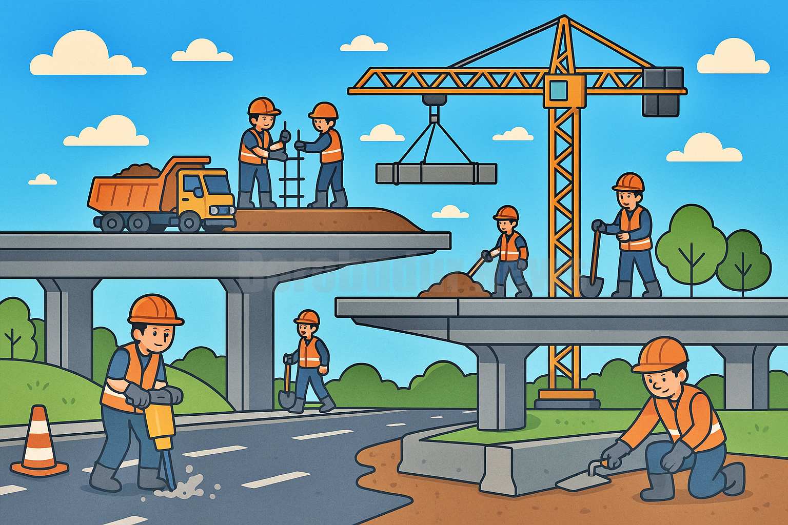 Ilustrasi pekerja mengerjakan Proyek Jalan Tol