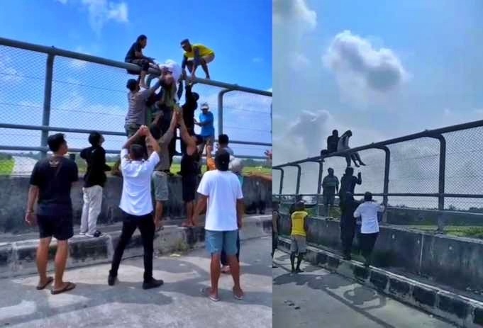 Sejumlah Warga Desa Bandung Soga, Ngrampal, Sragen berupaya mengevakuasi NH, perempuan stres yang hendak bunuhdiri di flyover tol Bandung Soga Sragen