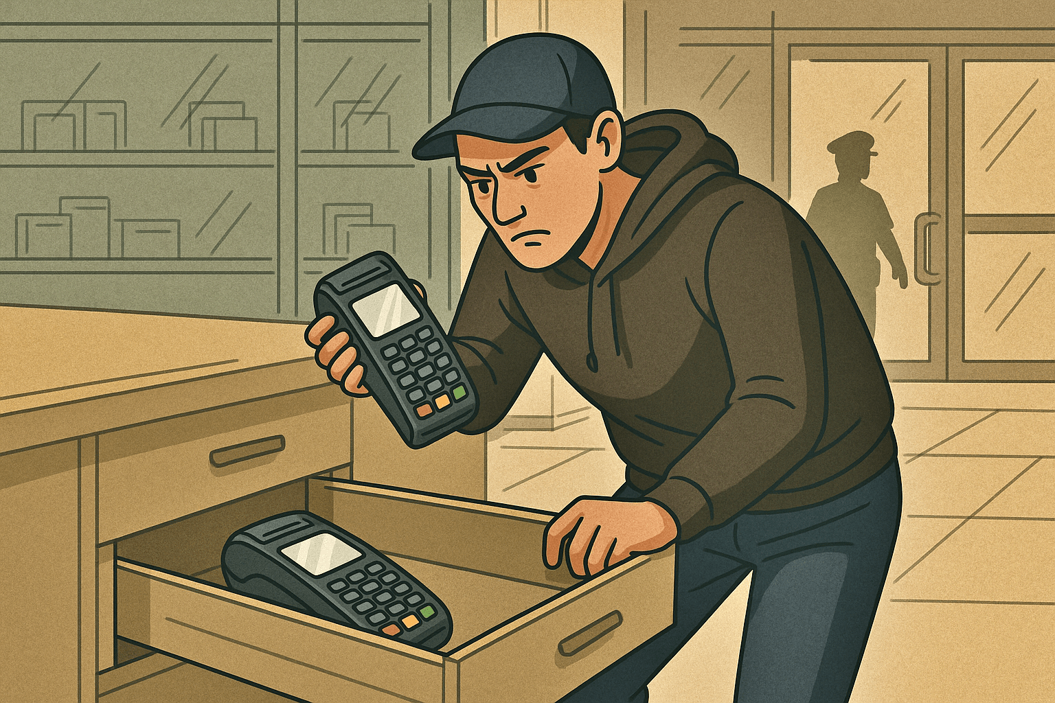 ilustrasi seorang Pria Asal mencuri Mesin EDC