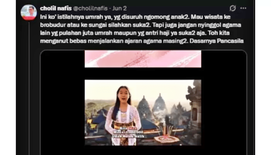 tangkapan layar postingan terkait video promosi di Candi Borobudur di aplikasi X