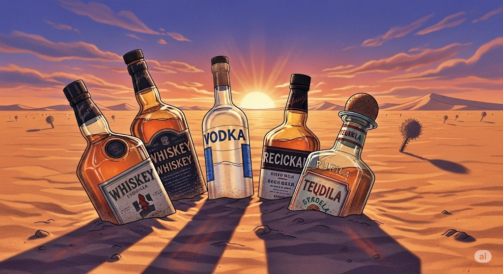 ilustrasi Minuman Keras atau Miras ada Alkohol di tengah gurun padang pasir