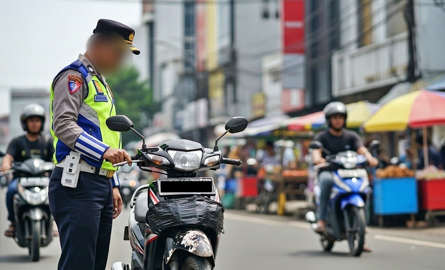 ilustrasi Polisi amankan sepeda motor yang tutup Plat Nomer dengan Lakban_foto AI