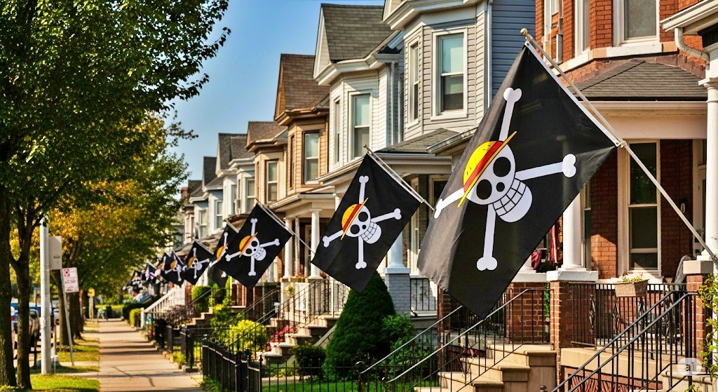 ilustrasi pengibaran bendera one piece di depan rumah_foto AI