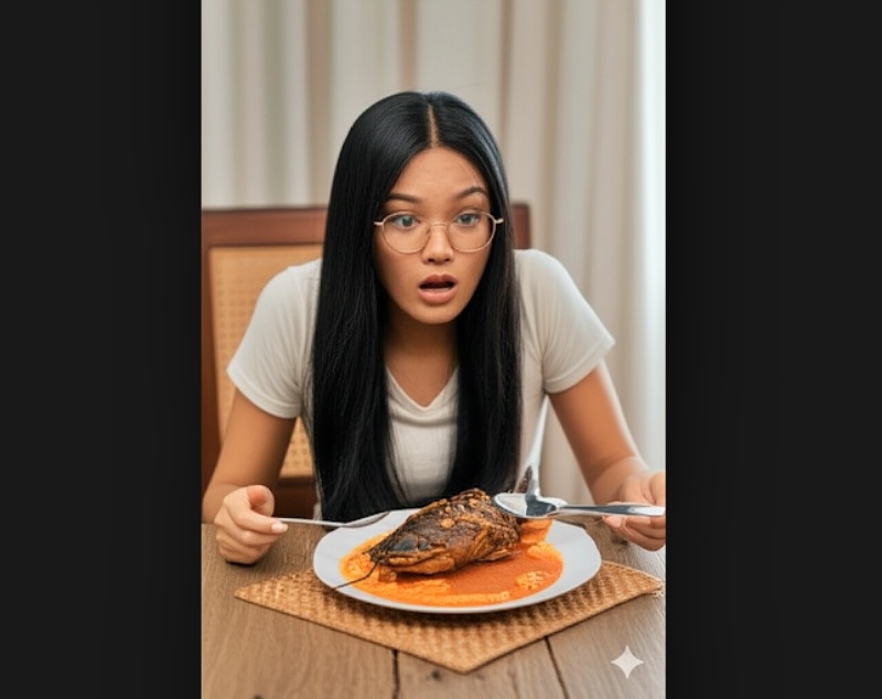 ilustrasi seorang perempuan sedang akan memakan Kuliner Khas Magelang Mangut Ikan Beong_foto AI