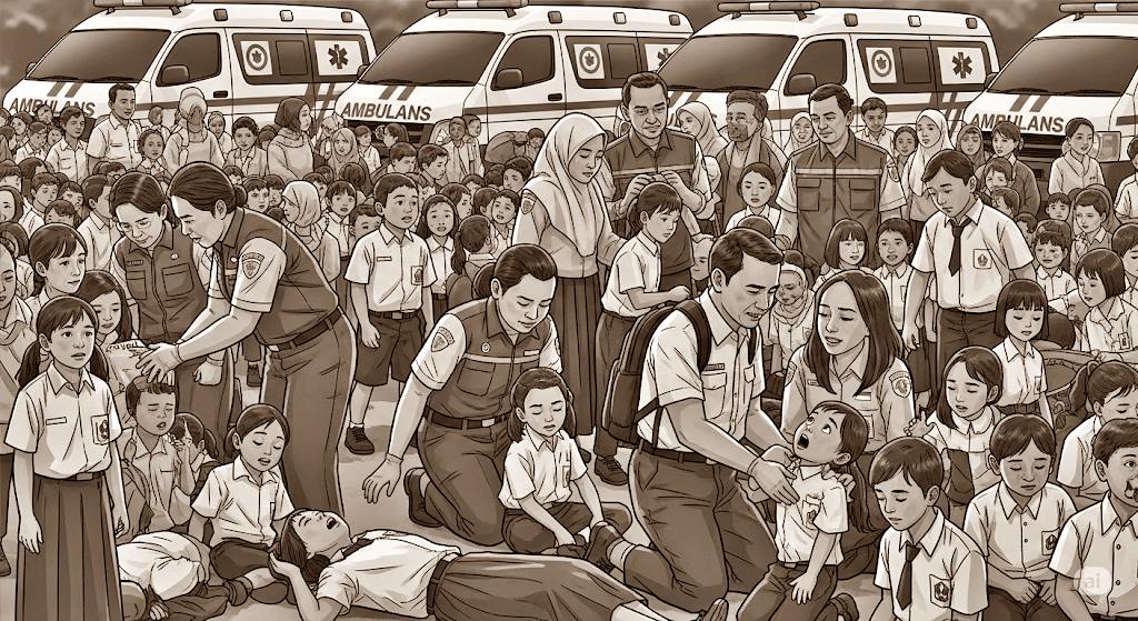 ilustrasi siswa dan guru keracunan massal karena MBG