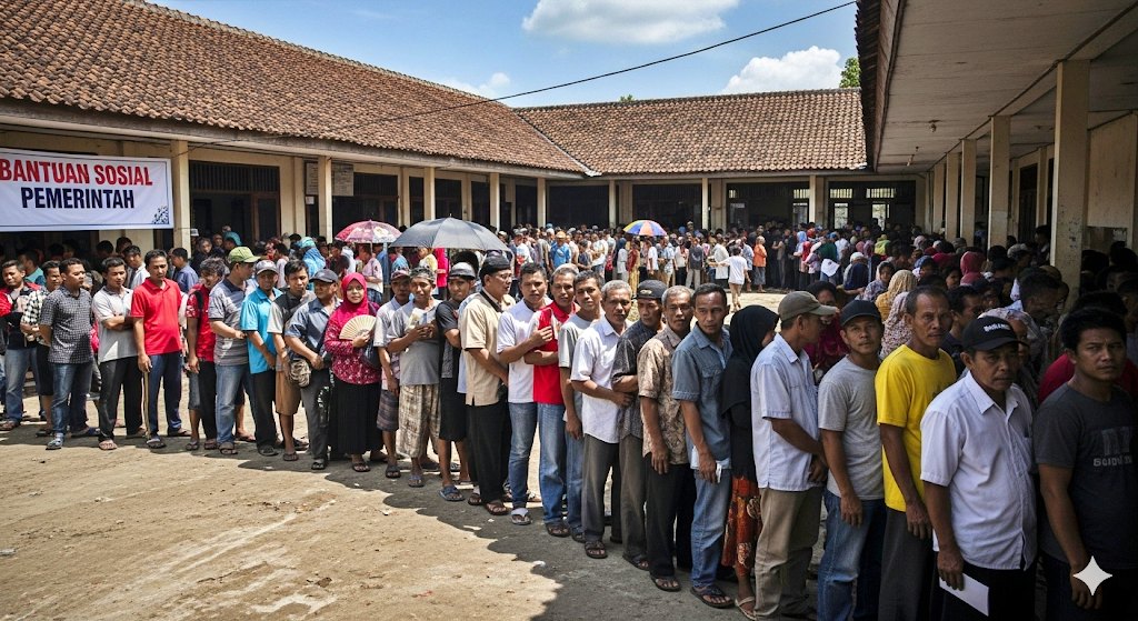 Ilustrasi Masyarakat Antri ambil Bantuan Sosial Pemerintah_foto AI
