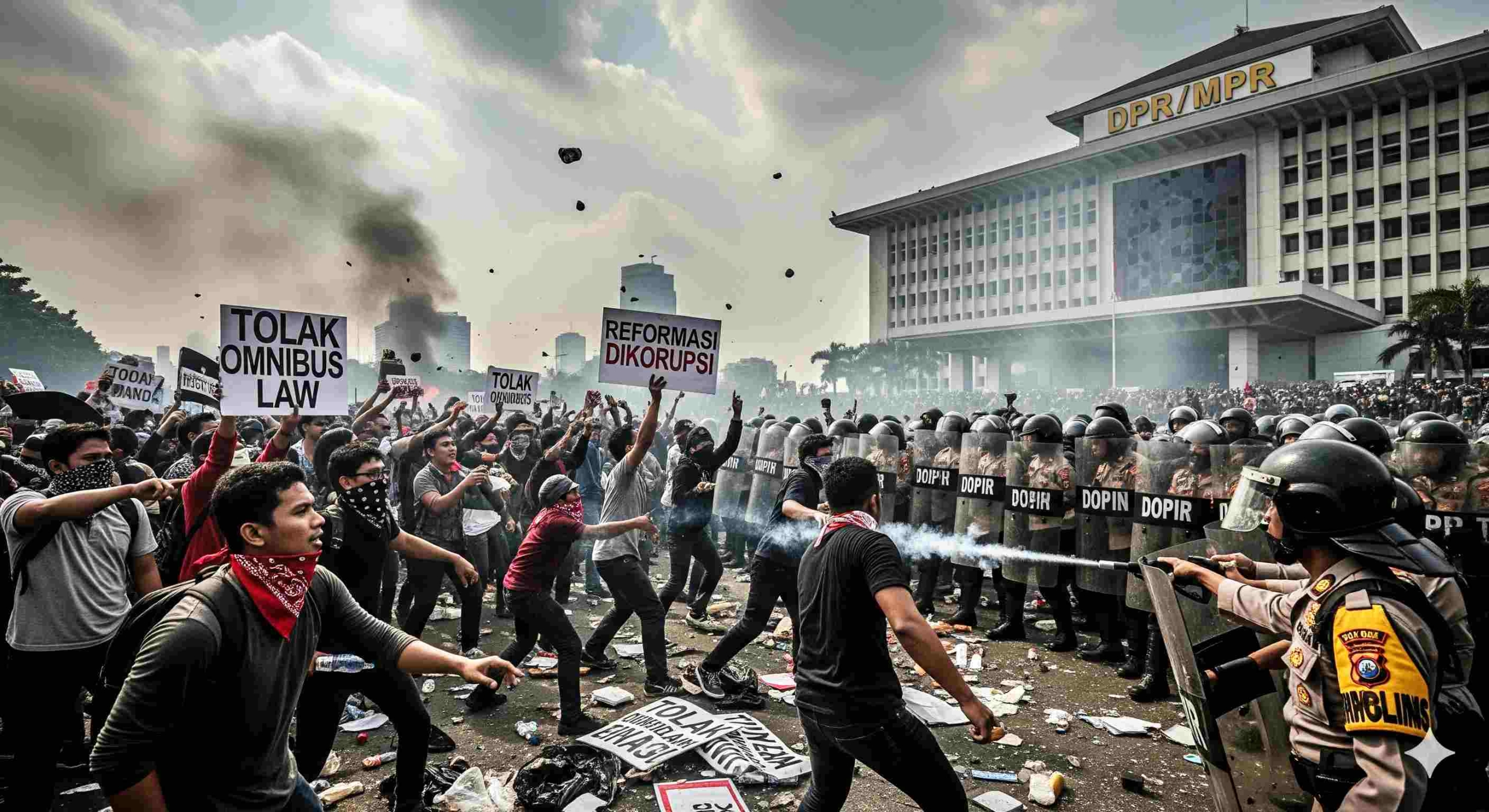 Ilustrasi kericuhan di depan Gedung DPR MPR RI _foto AI