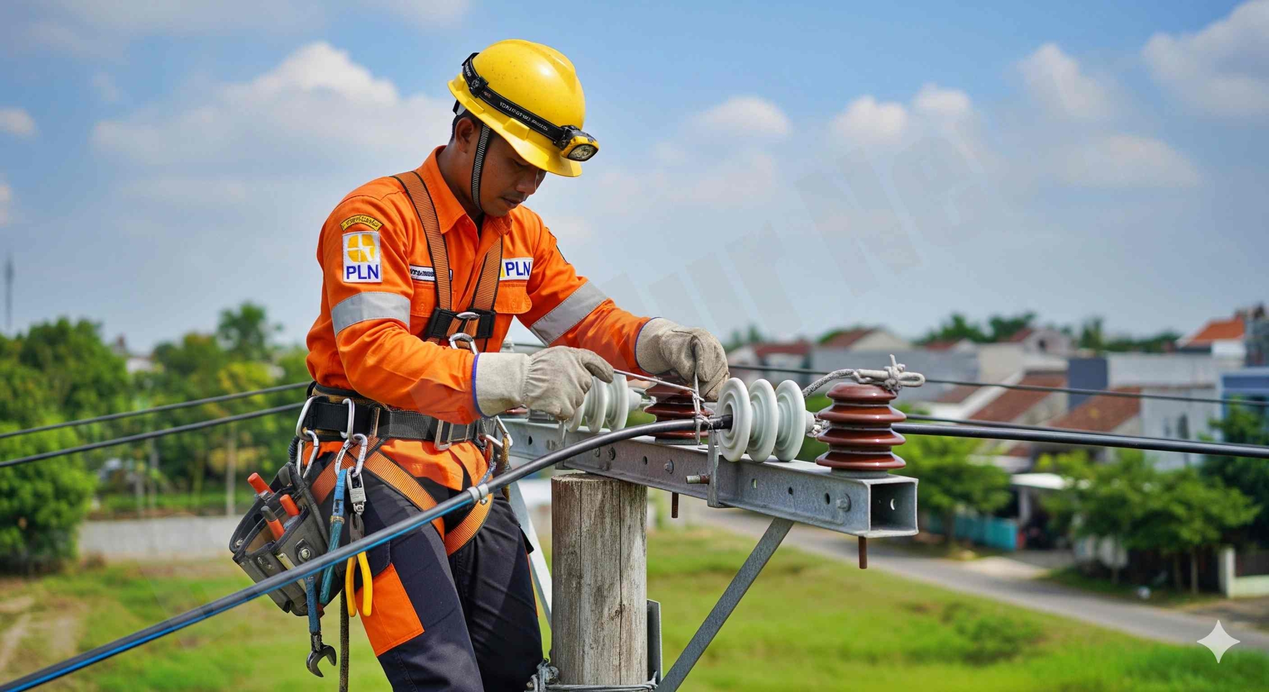ilustrasi Petugas PLN sedang memperbaiki jaringan listrik_foto AI