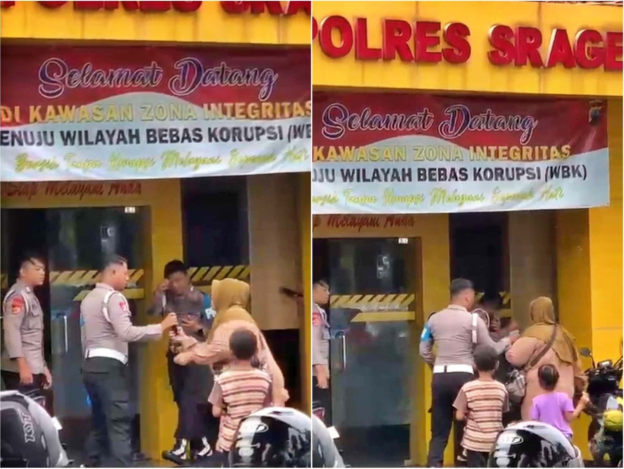 tangkapan layar video Emak-emak Siram Bensin ke Polisi di Polres Sragen