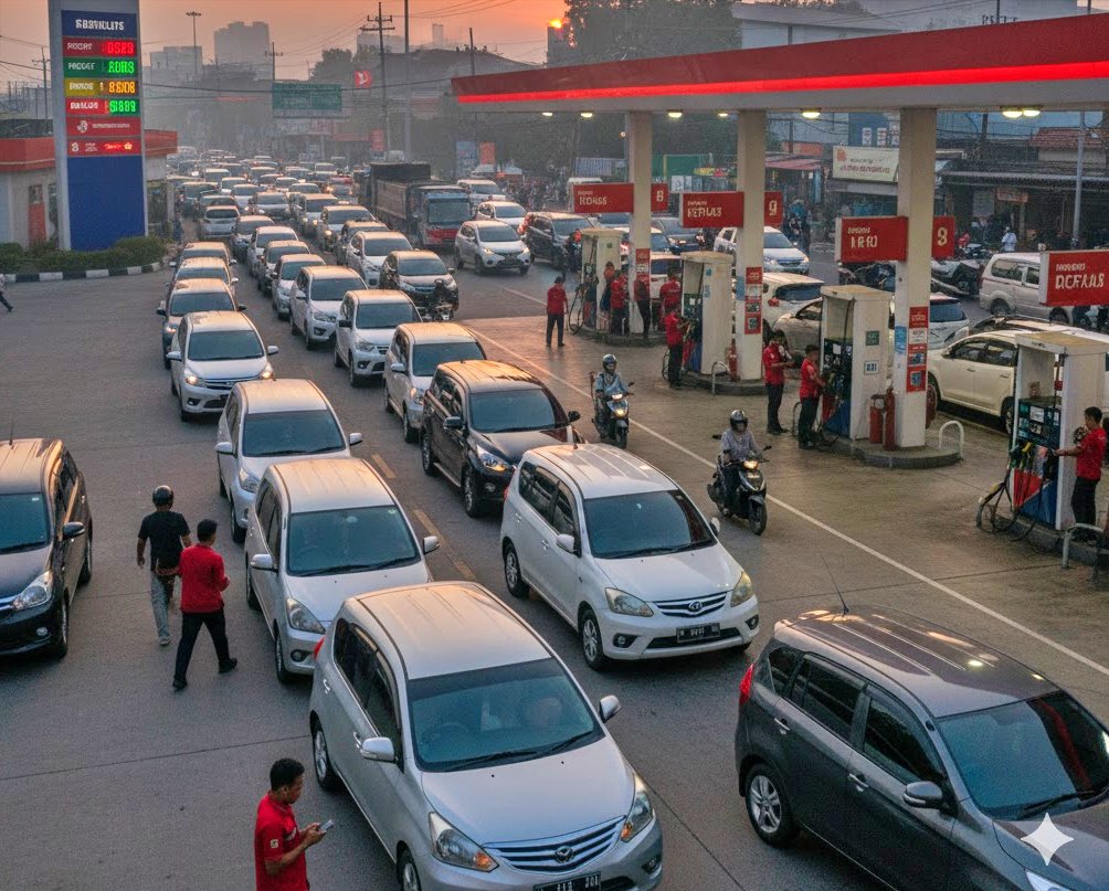 ilustrasi kendaraan antri isi BBM di SPBU Pertamina dengan QR Code