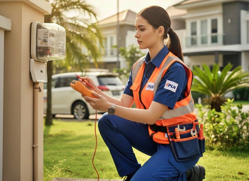 ilustrasi petugas PLN sedang memeriksa jaringan listrik di meteran