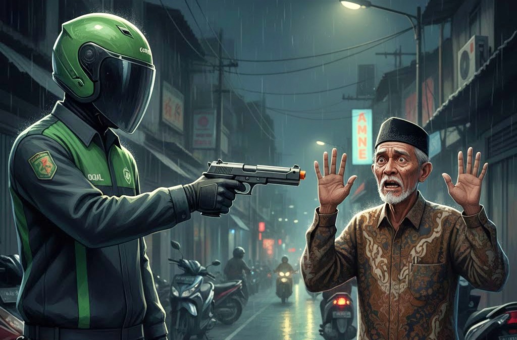 Ilustrasi Pria kenakan jaket ojol bawa airsoft gun di Bandung videonya viral di media sosial tembak lansia