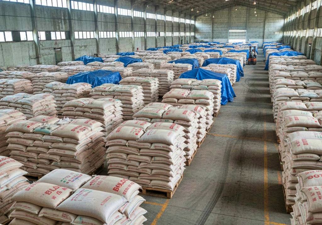 ilustrasi tumpukan karung beras di gudang Bulog
