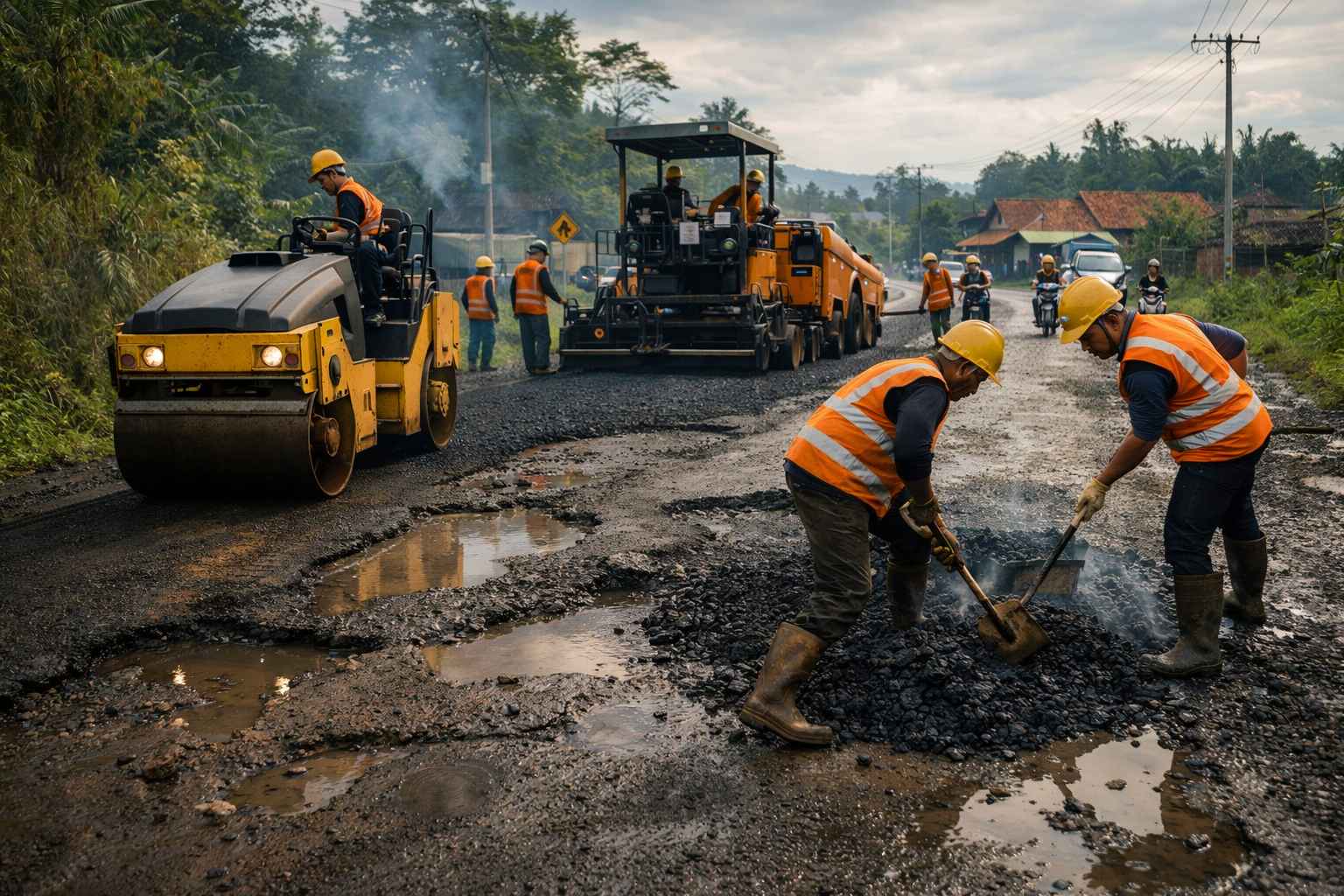 ilustrasi perbaikan jalan berlubang dengan diaspal