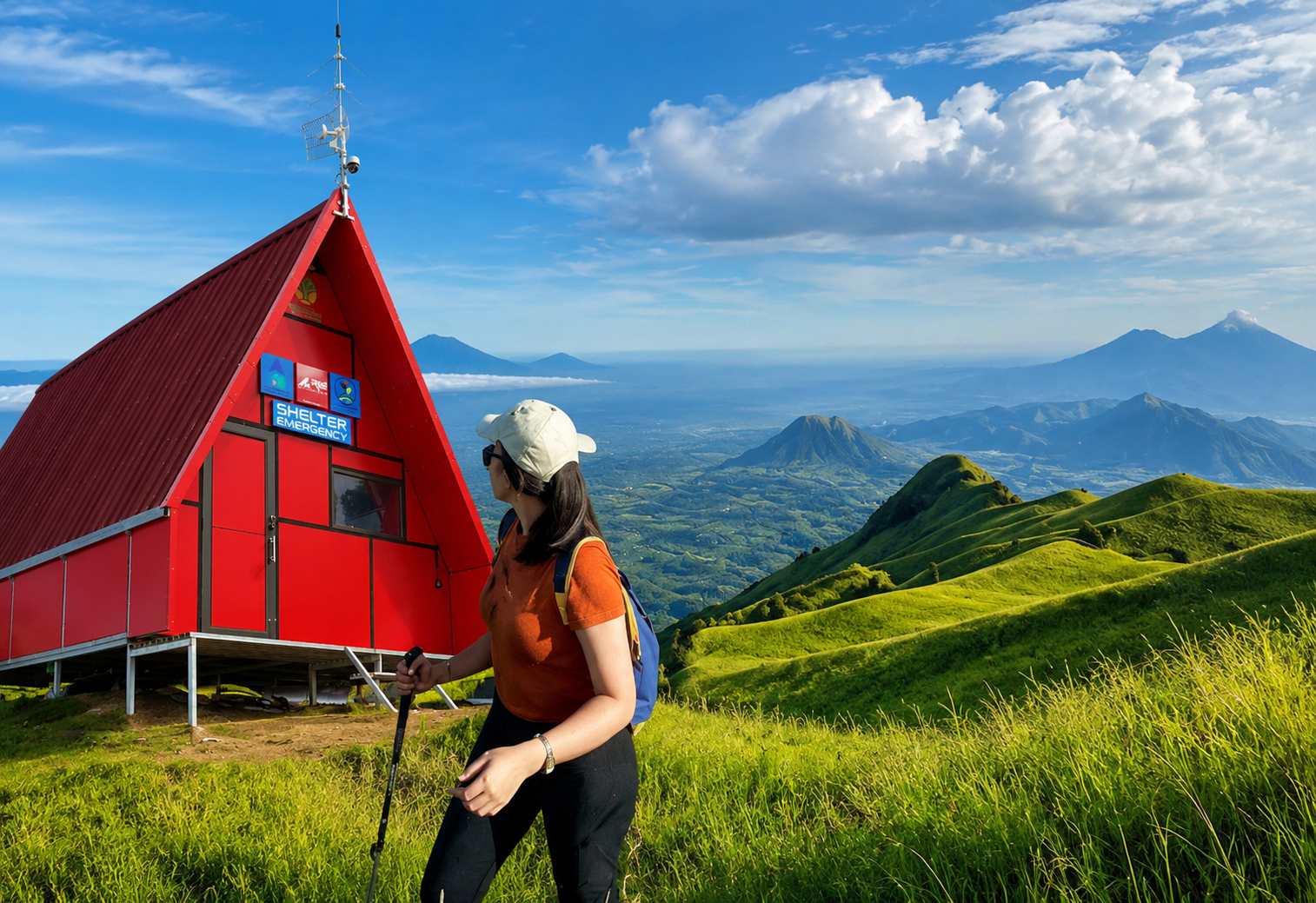 Ilustrasi di Gunung Merbabu dan dibelakangnya Shelter Darurat Canggih yag baru