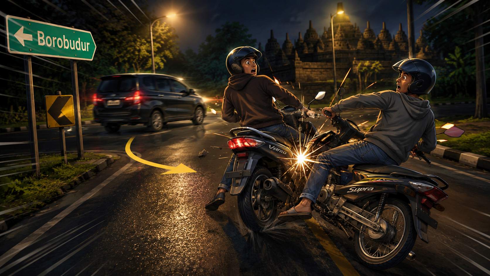 Ilustrasi kecelakaan sepeda motor di Jalan Borobudur - Salaman Magelang