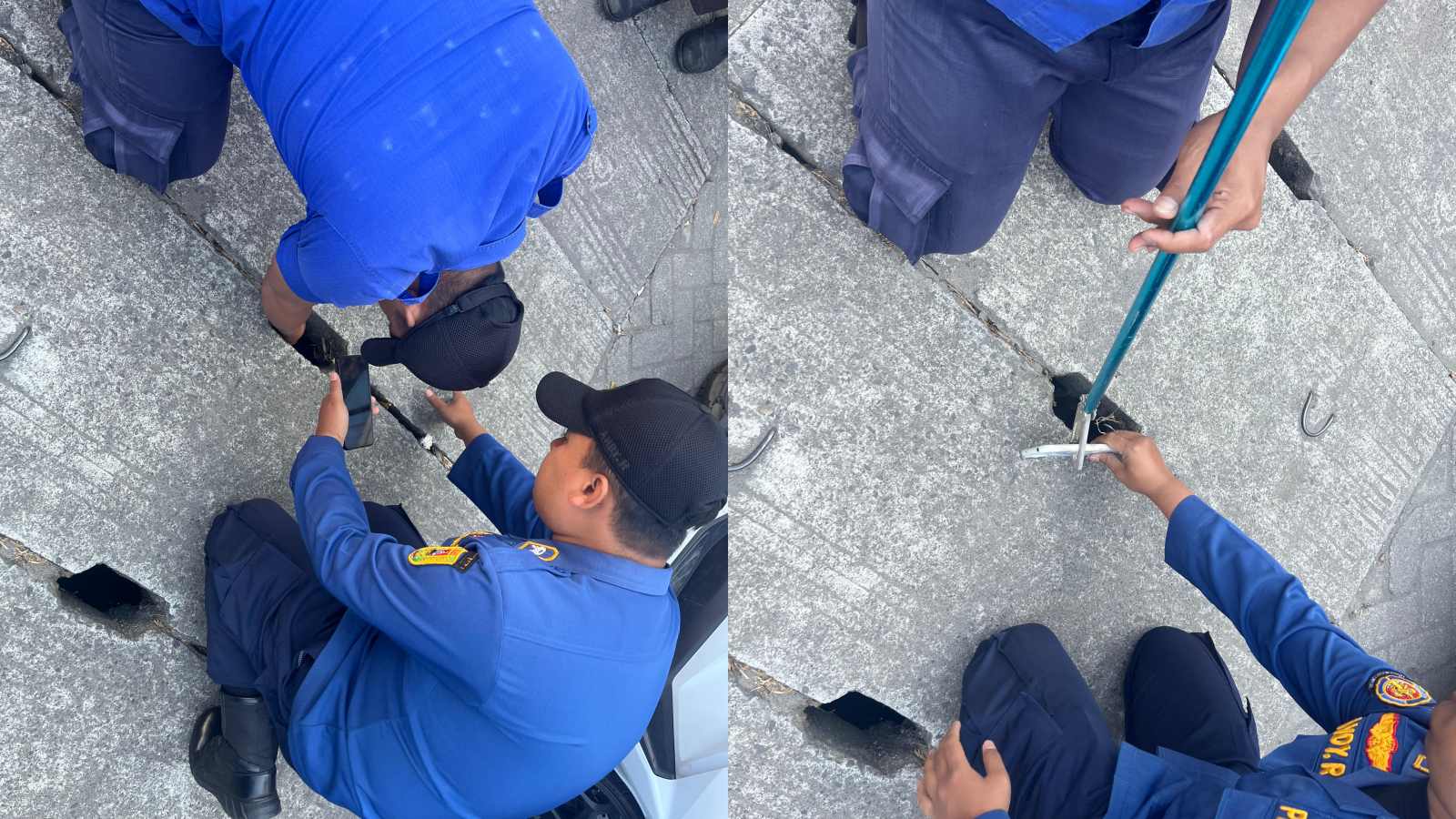 Petugas Damkar Kabupaten Magelang saat mengambilkan HP warga yang terjatuh di gorong gorong di Mertoyudan