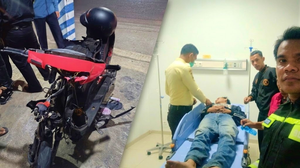 Foto sepeda motor yang terlibat dan petugas kepolisian saat menunggu korban kecelakaa di rumah sakit